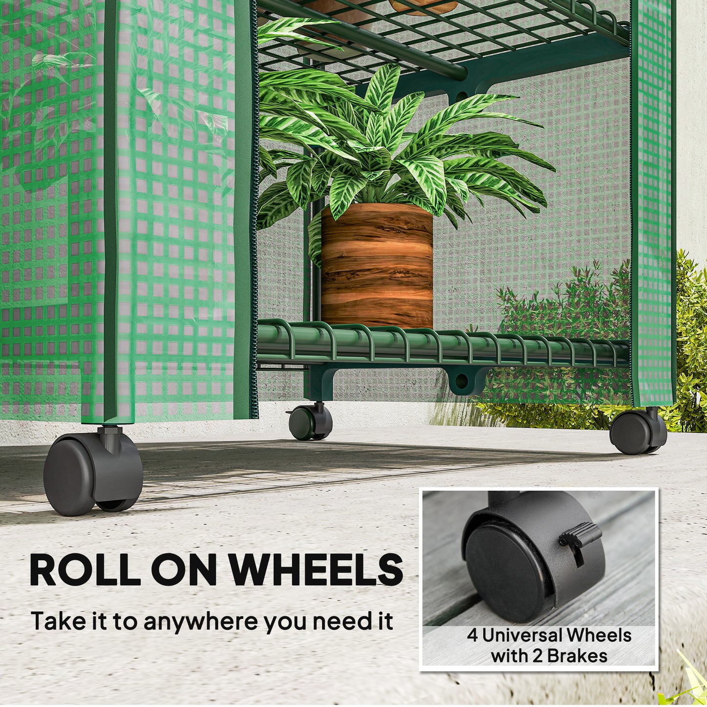 4 Tier Mini Portable Greenhouse Compact Plant Grow Shed Metal Frame PE Cover with Lockable Rolling Wheels , Green