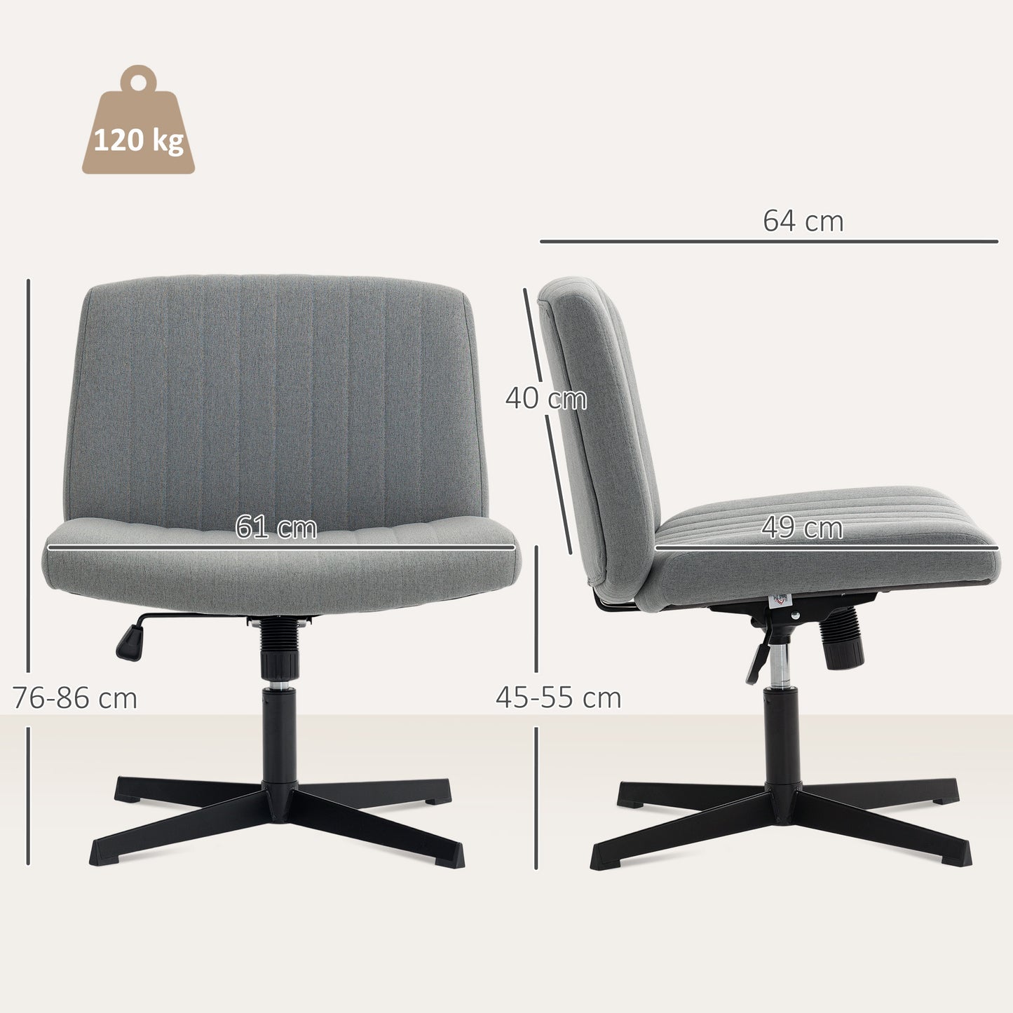 Armless Office Chair No Wheels, Linen Fabric Criss Cross Legged Desk Chair with Wide Seat, Thick Padding, Tilt Function