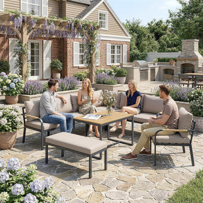 7 Seater Garden Furniture Set, Metal Garden Sofa Set with Cushions, Outdoor Furniture Conversation Sets, Khaki
