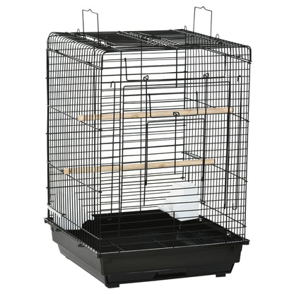 Steel Bird Cage with Openable Top, Stand, Tray, Handles, Feeding Bowls for Parakeet Cockatiel - Black
