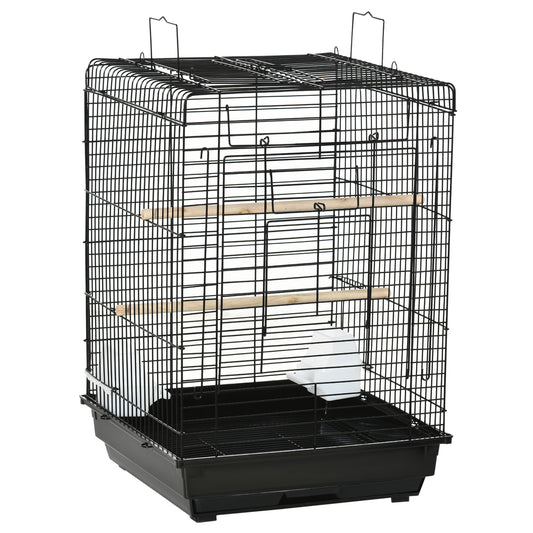 Steel Bird Cage with Openable Top, Stand, Tray, Handles, Feeding Bowls for Parakeet Cockatiel - Black