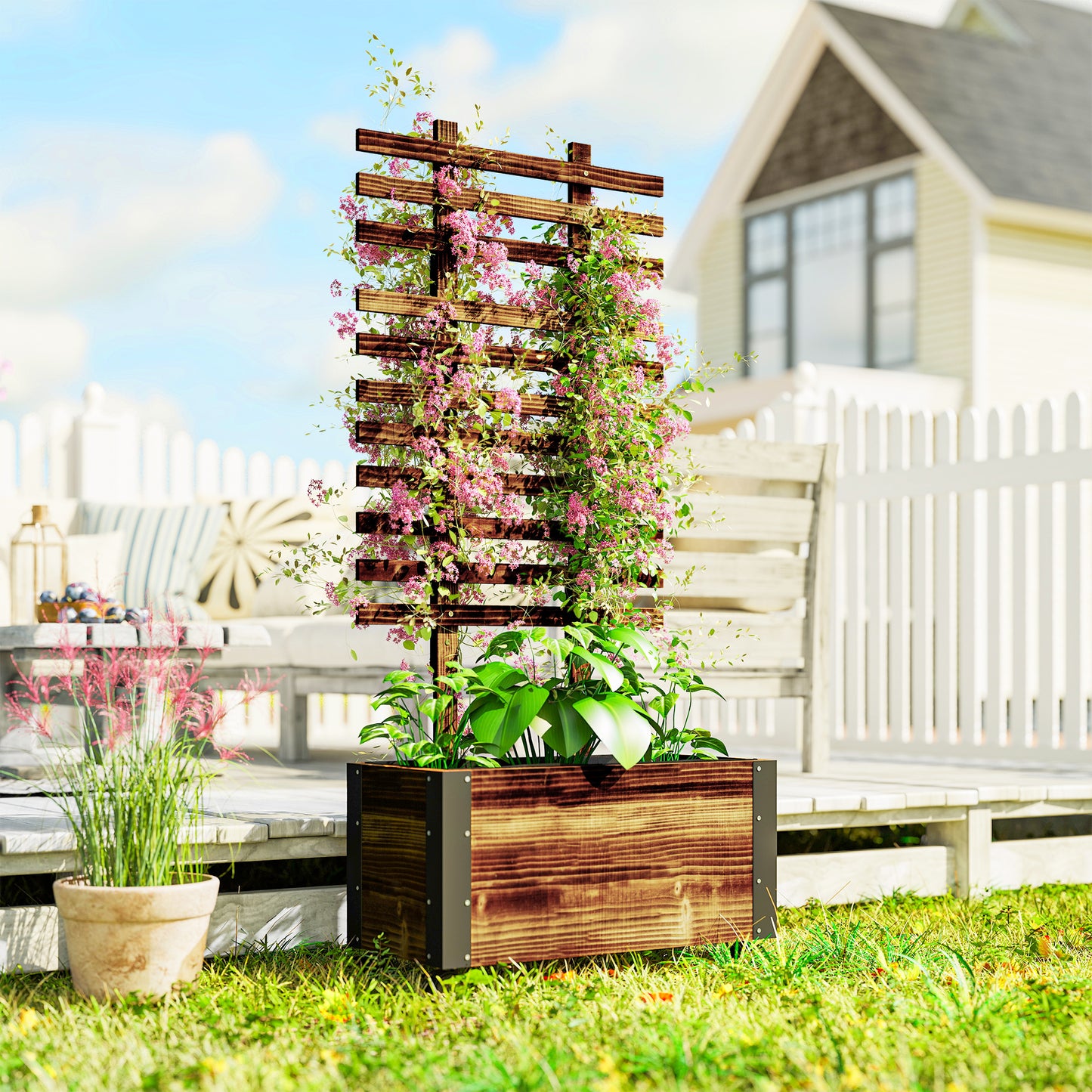 Raised Garden Bed with Trellis, Outdoor Wooden Planter Box with Metal Corners and Wheels, Raised Bed for Garden