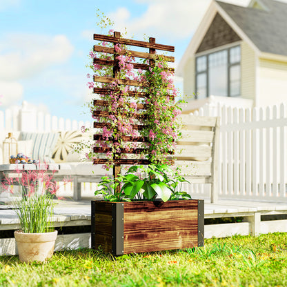 Raised Garden Bed with Trellis, Outdoor Wooden Planter Box with Metal Corners and Wheels, Raised Bed for Garden