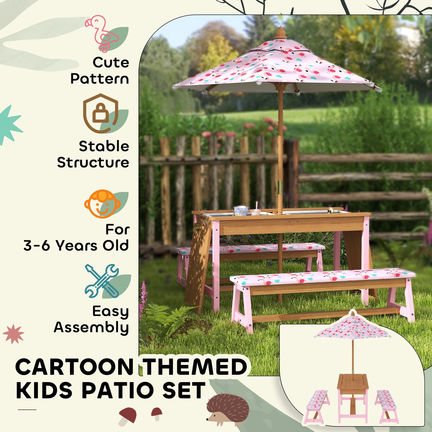 Kids Picnic Table Set with Removable & Foldable Umbrella, Storage Boxes, Flamingo Theme, Pink