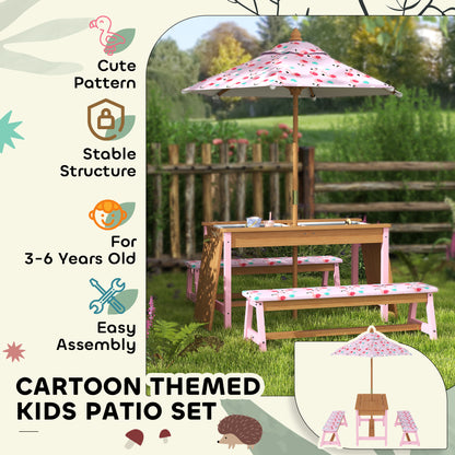 Kids Picnic Table Set with Removable & Foldable Umbrella, Storage Boxes, Flamingo Theme, Pink