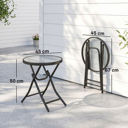 Foldable Garden Side Table, Round Folding Table with Glass Tabletop and Safety Buckle for Patio, Garden, Outdoor, Indoor