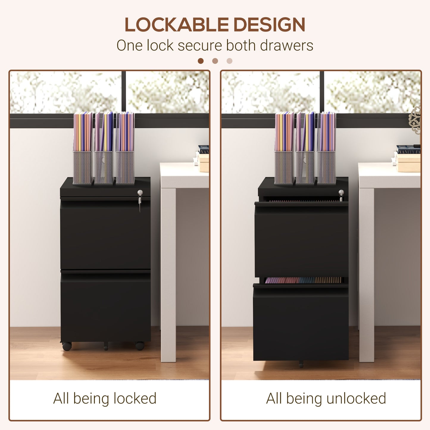 2-Drawer Mobile Filing Cabinet, Metal Lockable File Cabinet for Letter, A4 and Legal Size, Pre-Assembled Body, Black