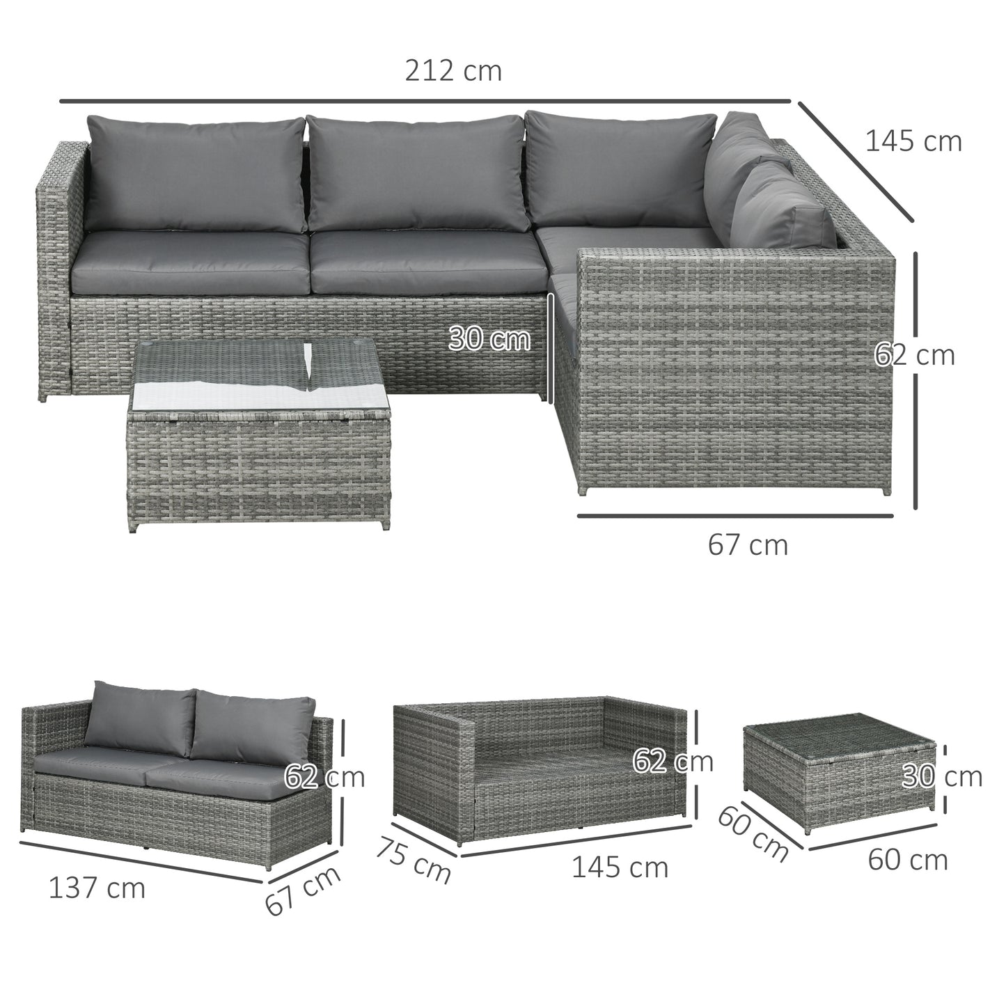 3 Pieces PE Rattan Garden Furniture Set with 10 cm Thick Cushions