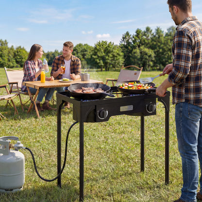 Double Burner Camping Stove, 150,000 BTU High Pressure Camping Gas Stove with Detachable Legs, Black
