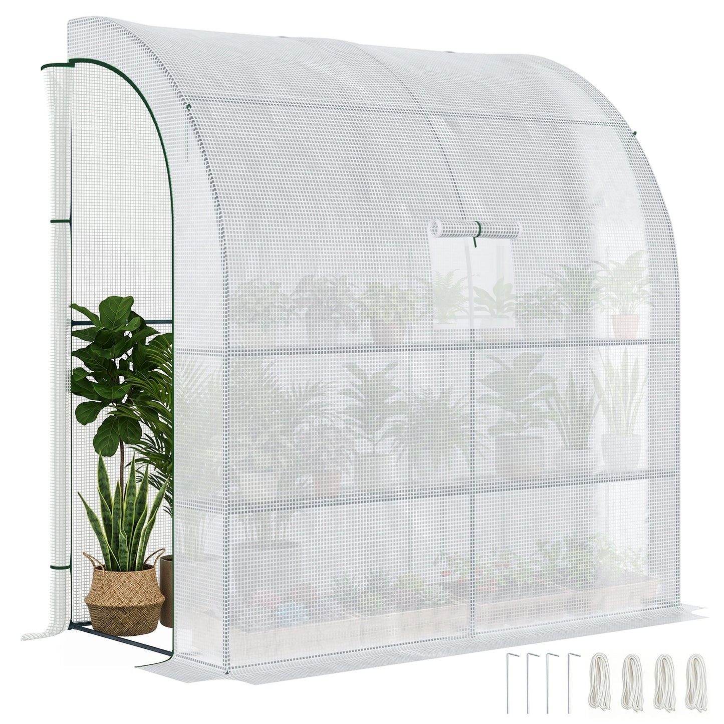 Walk-In Lean to Wall Greenhouse with Windows and Doors, Outdoor Green House with 3 Tiers 4 Wired Shelves