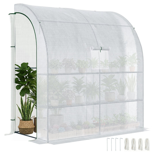 Walk-In Lean to Wall Greenhouse with Windows and Doors, Outdoor Green House with 3 Tiers 4 Wired Shelves