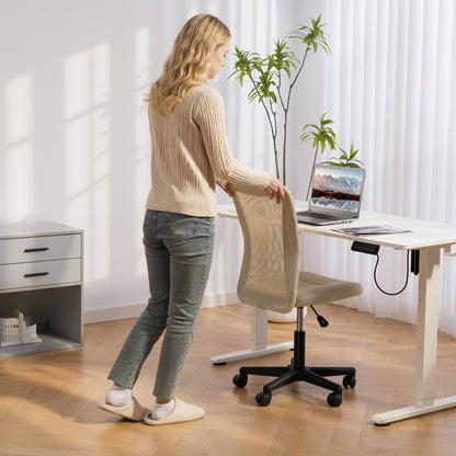 Computer Desk Chair, Mesh Office Chair with Adjustable Height and Swivel Wheels, Armless Study Chair, Beige