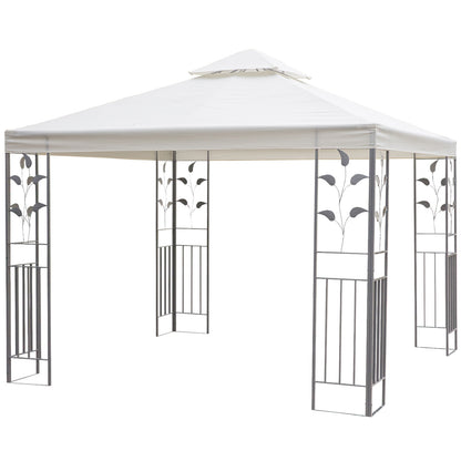 3 x 3m Outdoor Steel Gazebo with 2 Tier Roof, Garden Gazebo Patio Canopy Marquee Shelter with Decorative Steel Frame - Cream