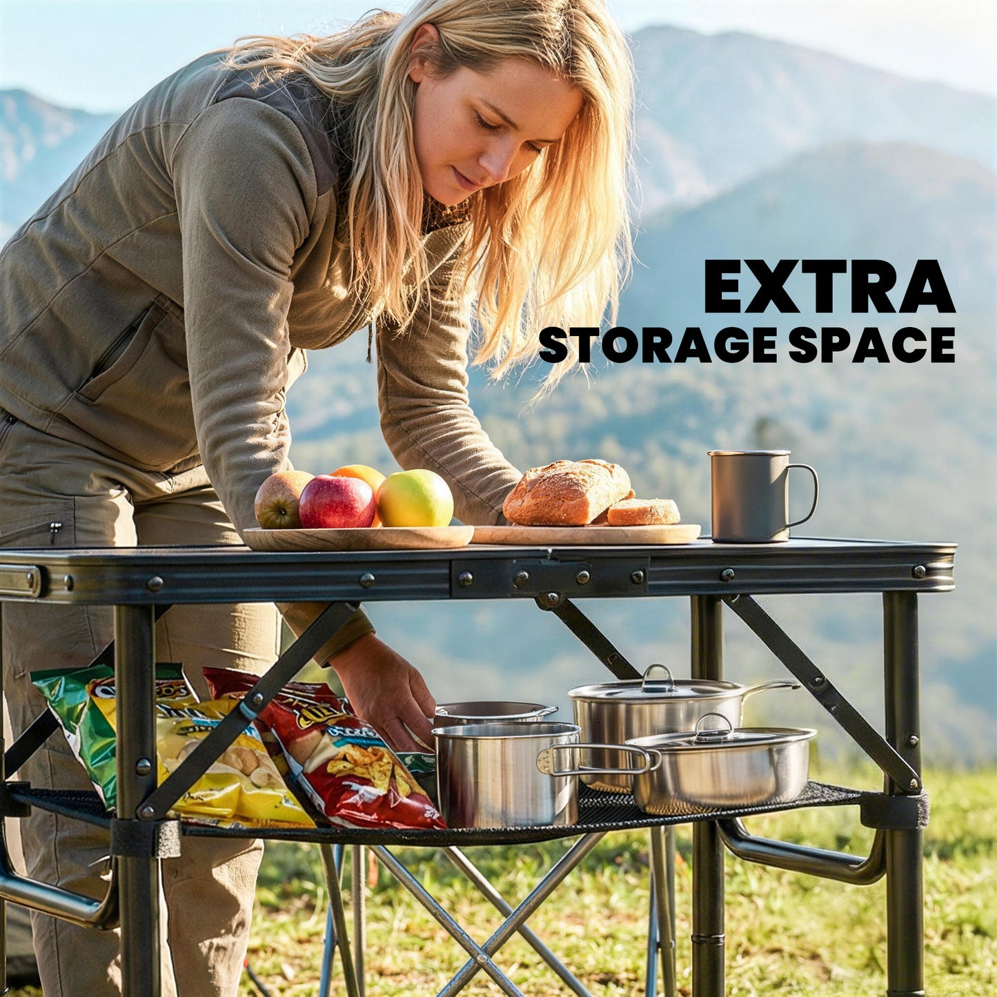 2ft Folding Camping Table, Picnic Table with Mesh Storage Layer, 4 Adjustable Heights and Carrying Handle, Black