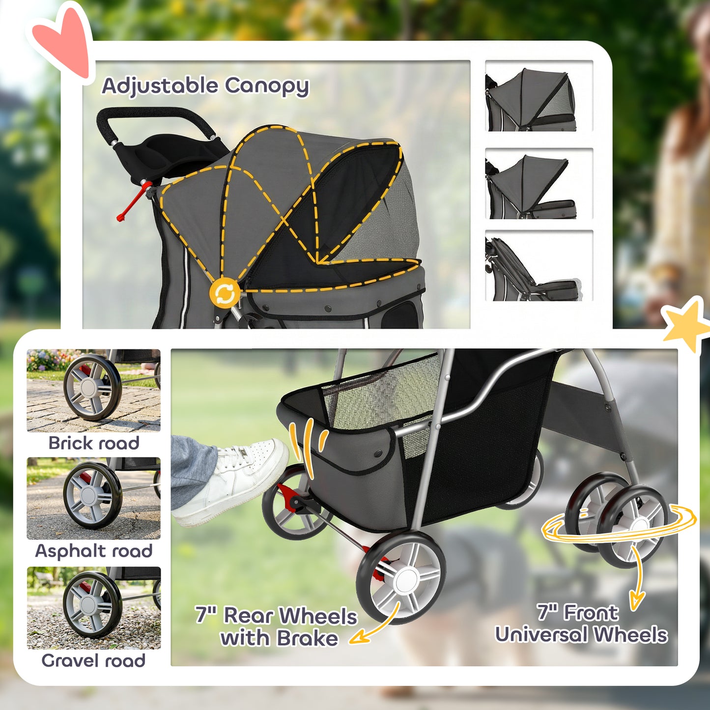 Dog Pram, Pet Stroller with Reflective Strips, Foldable Cat Stroller with 360° Swivel Wheels, Dark Grey