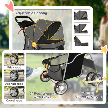 Dog Pram, Pet Stroller with Reflective Strips, Foldable Cat Stroller with 360° Swivel Wheels, Dark Grey