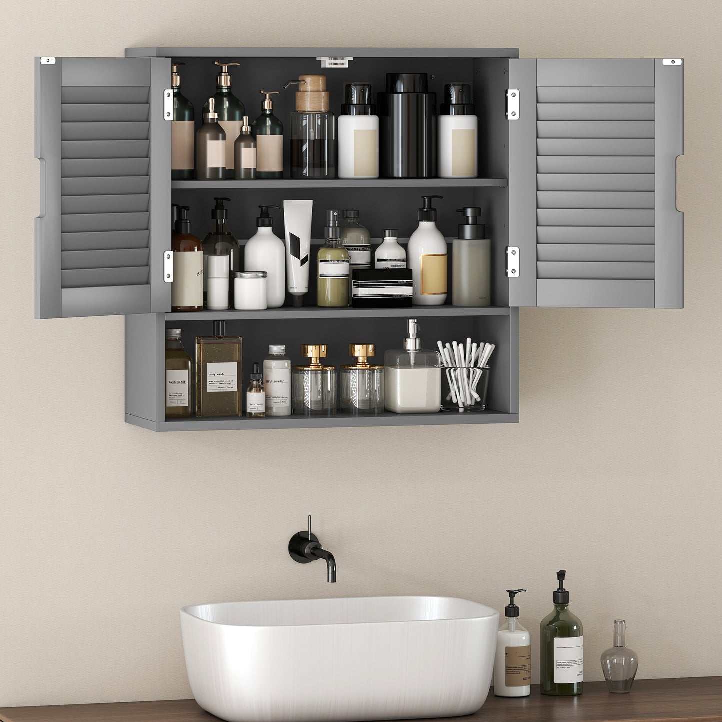 Bathroom Cabinet, Wall Mounted Storage Cabinet with Adjustable Shelves, 60 x 20 x 60 cm, Grey