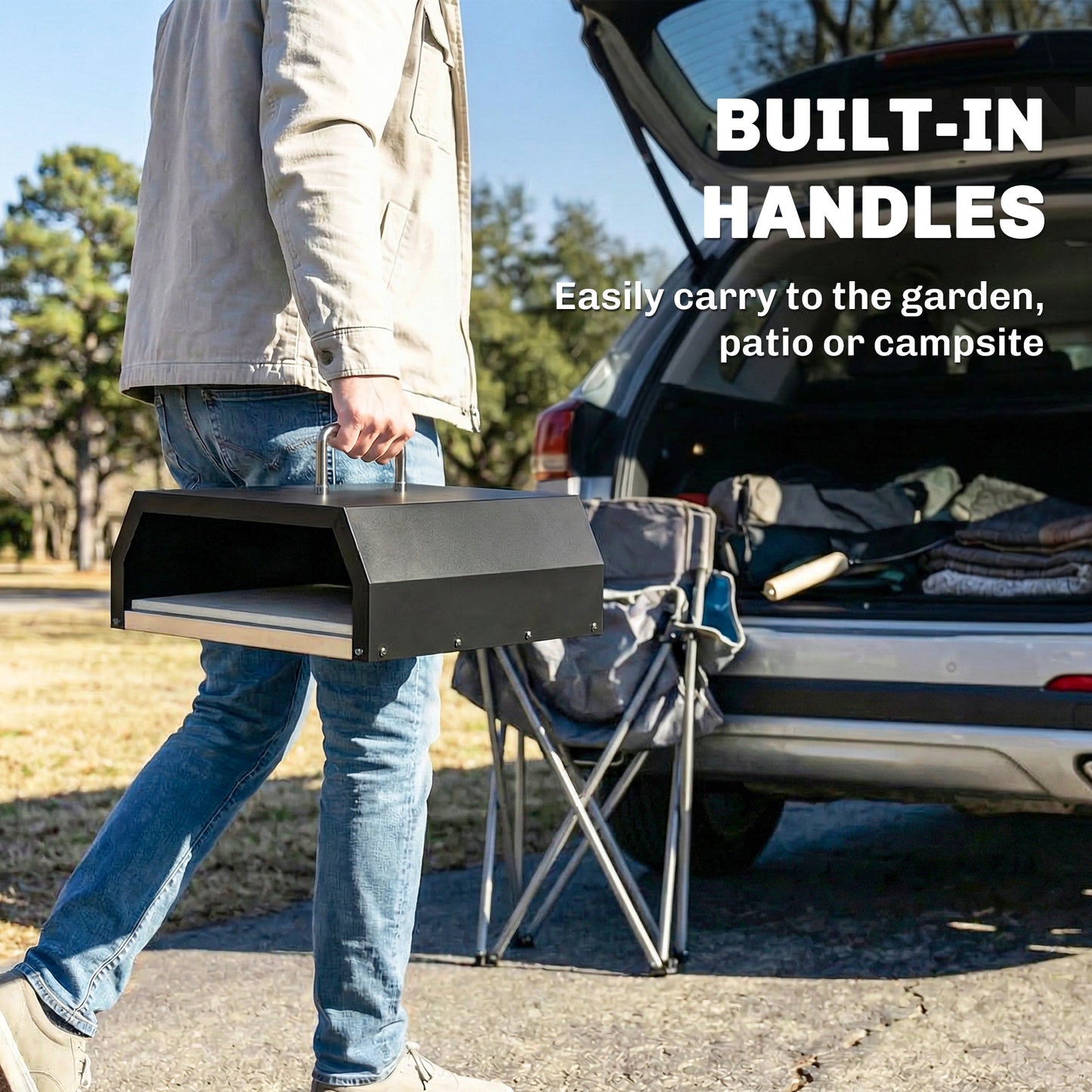 3 in 1 Outdoor Pizza Oven, Portable Wood Fired Pizza Maker with Handles, Stone and Peel