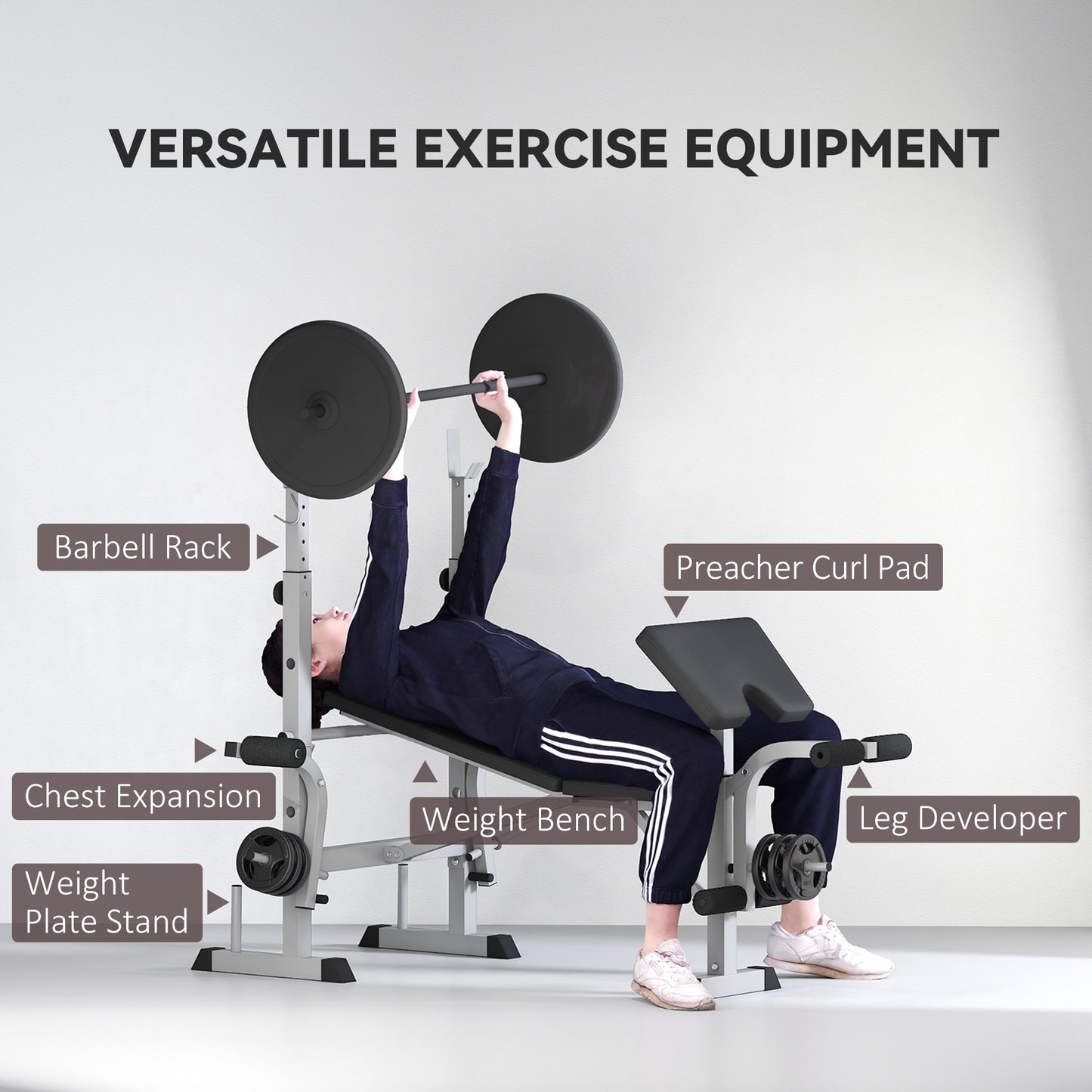 Adjustable Weight Bench with Squat Rack, Heavy Duty Bench Press Rack with Preacher Curl Pad, Leg Developer, Barbell Rack