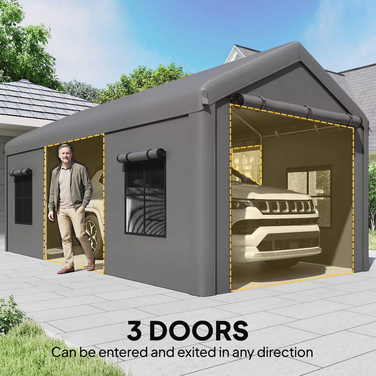 3 x 6 m Heavy Duty Carport, Portable Garage Car Canopy Tent with Galvanised Frame, Doors, Windows, Dark Grey
