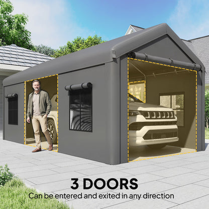 3 x 6 m Heavy Duty Carport, Portable Garage Car Canopy Tent with Galvanised Frame, Doors, Windows, Dark Grey