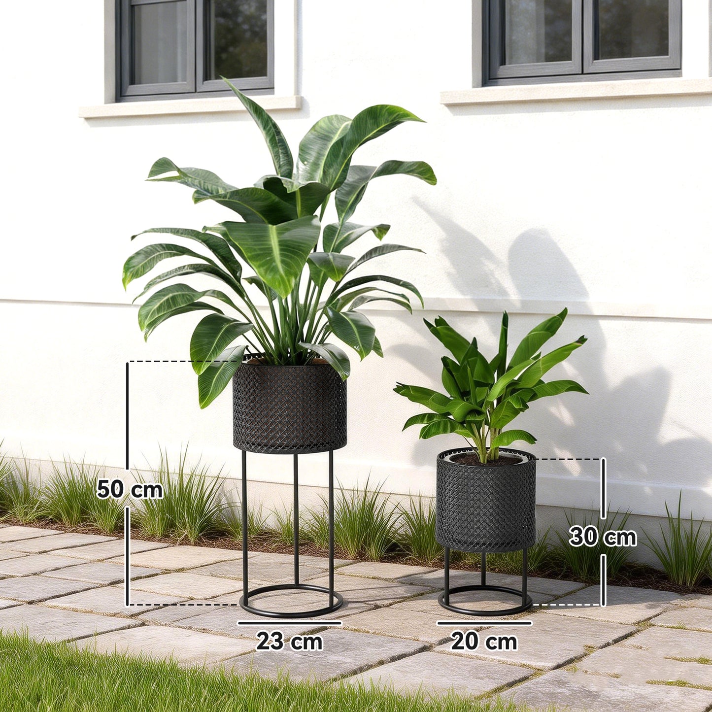 Metal Plant Pots Set of 2 with Hollow Design Flower Planters for Garden Balcony Black