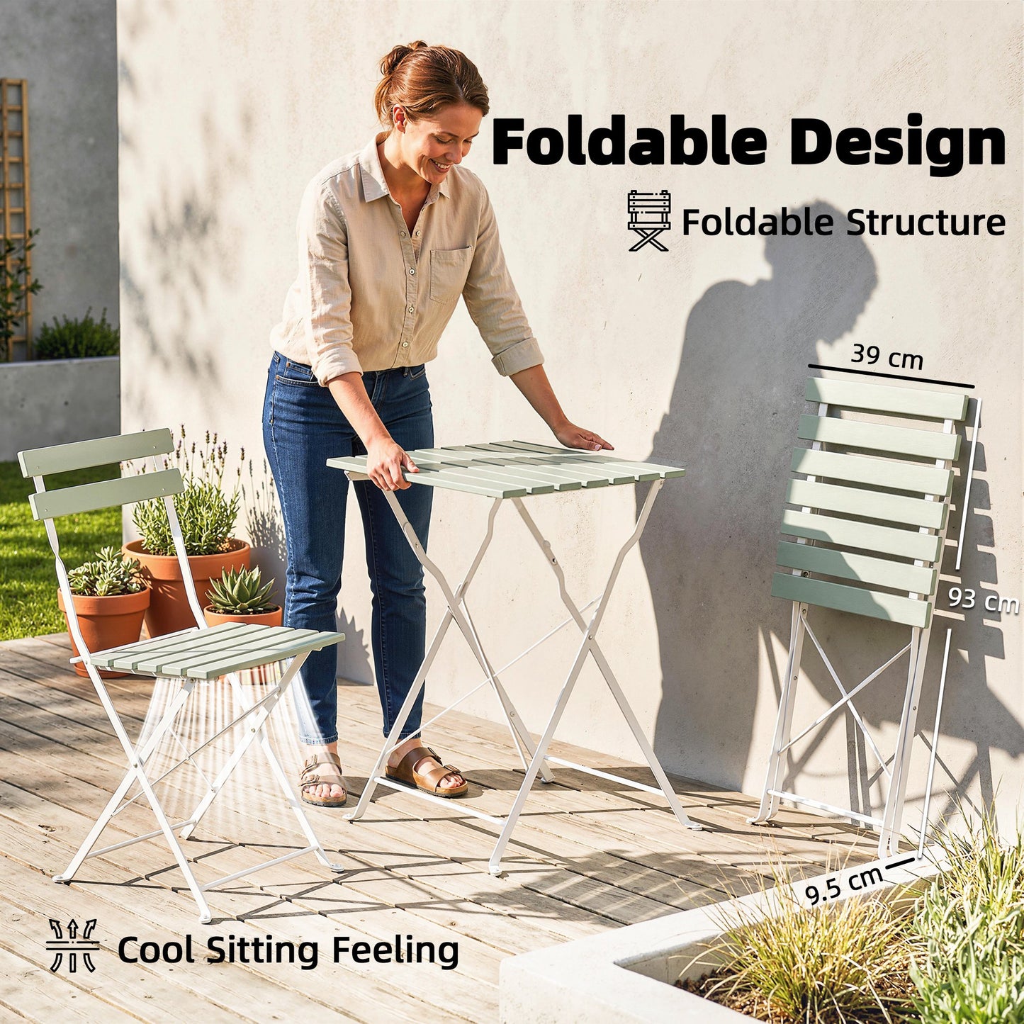Outdoor Bistro Set Folding Patio Furniture Set with 2 Chairs Table for 2 People White and Green