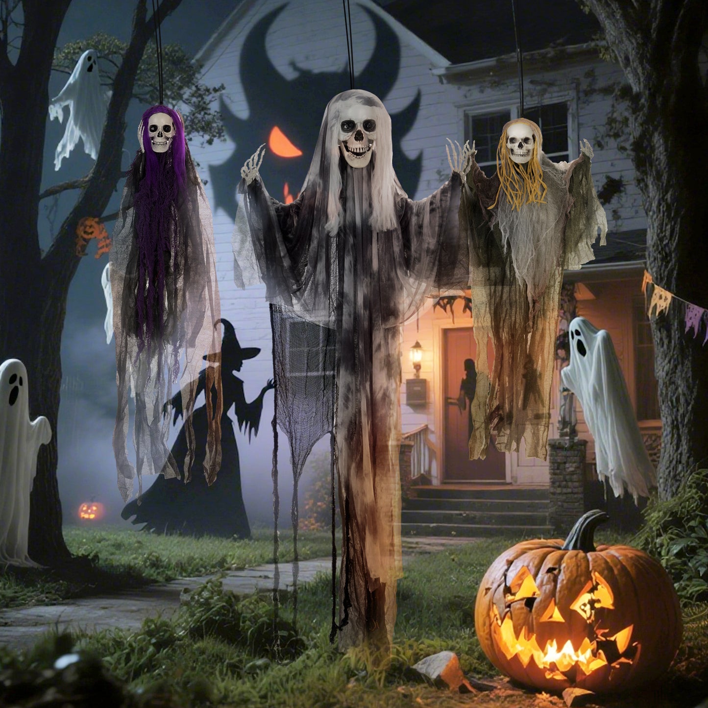 Set of 3 Hanging Skeleton Halloween Decorations, Scary Flying Ghost for Garden, Party, 90/110/170cm