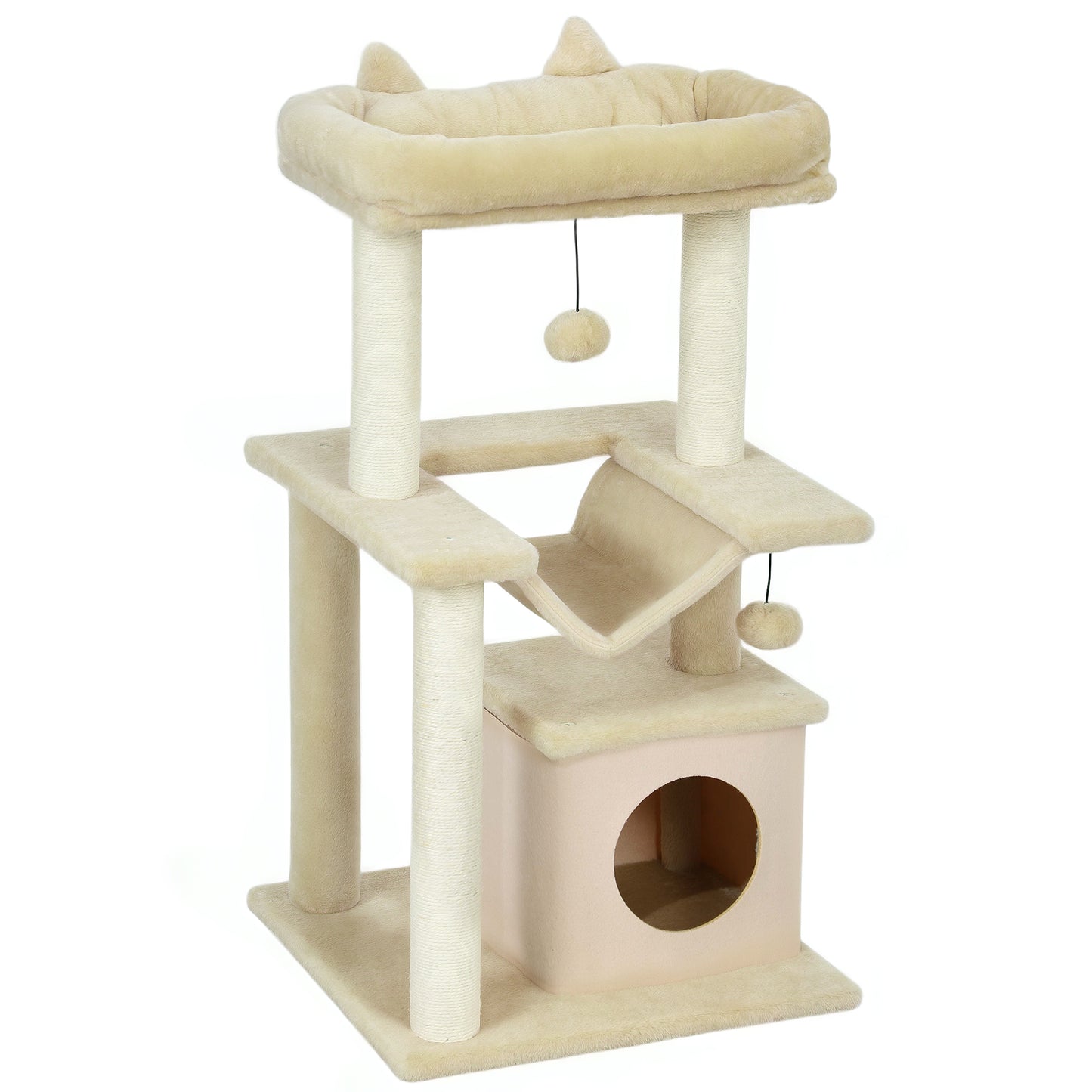 Cat Tree, 90cm Cat Tower with Sisal Scratching Posts, Cat Condo, Hammock, Top Perch and 2 Hanging Toys for Cats, Beige
