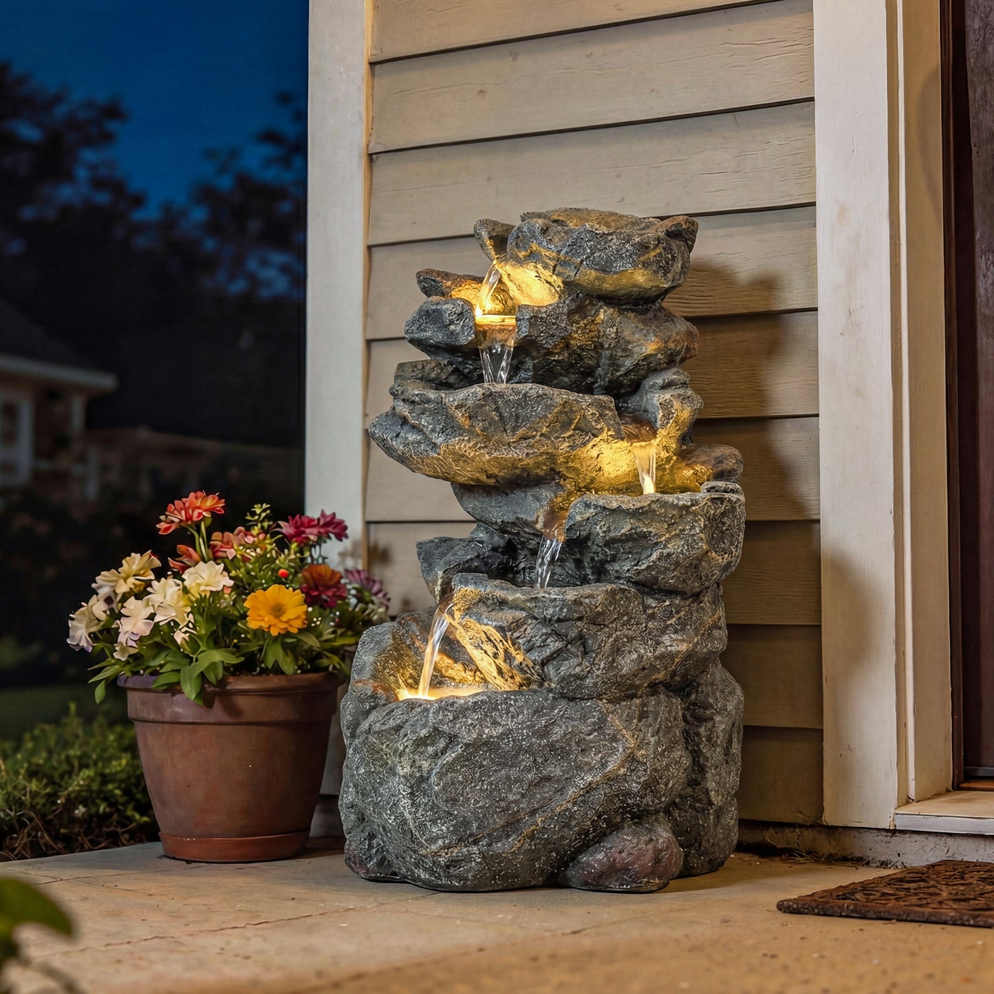 Outdoor Water Fountain with 6-Tier Rock Style, Cascading Waterfall Feature with LED Lights, Adjustable Flow, Grey