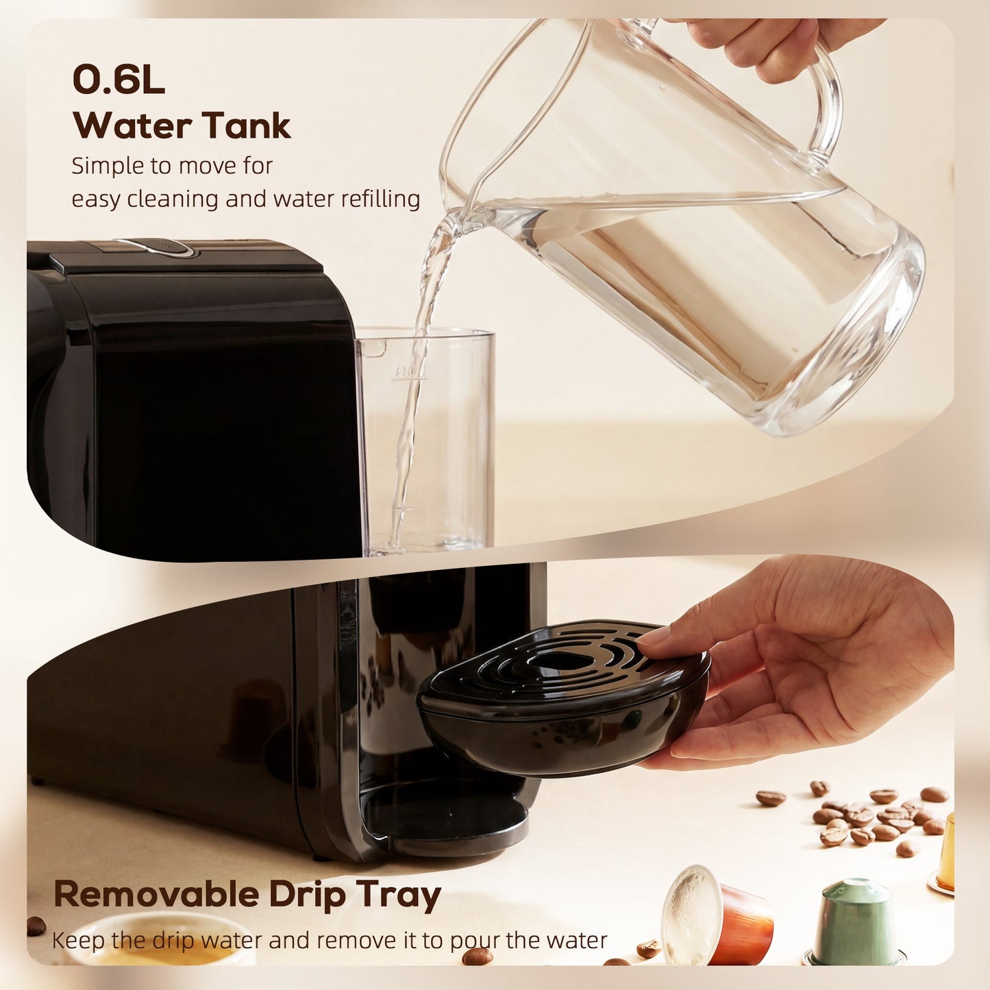Pod Coffee Machine for Nespresso, Dolce Gusto Capsule & Ground Coffee, Small Semi Automatic Coffee Maker, 19 Bar, 0.6L