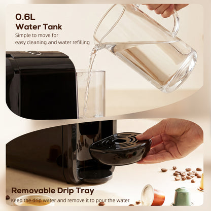 Pod Coffee Machine for Nespresso, Dolce Gusto Capsule & Ground Coffee, Small Semi Automatic Coffee Maker, 19 Bar, 0.6L
