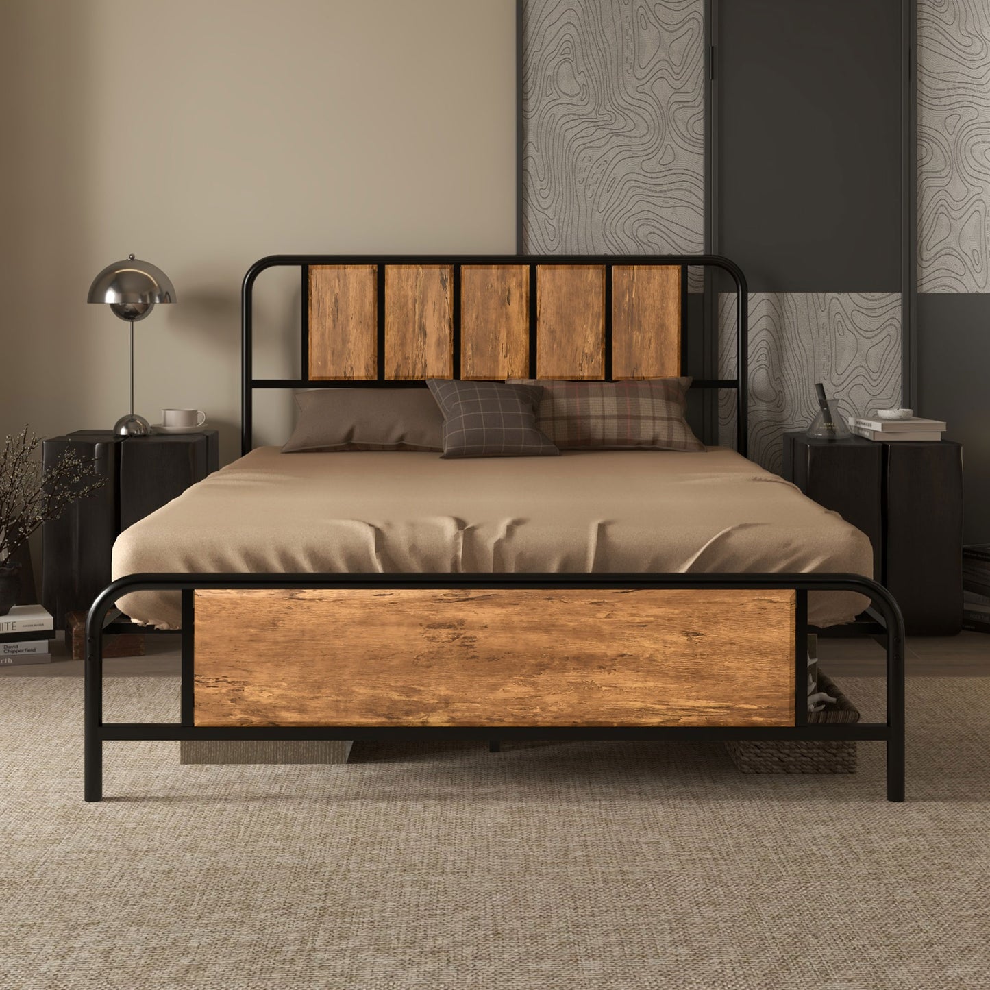 4.8ft Double Bed Frame with Industrial Wood Headboard, Steel Slat Support and 25.5cm Underbed Storage Space, 145 x 197cm