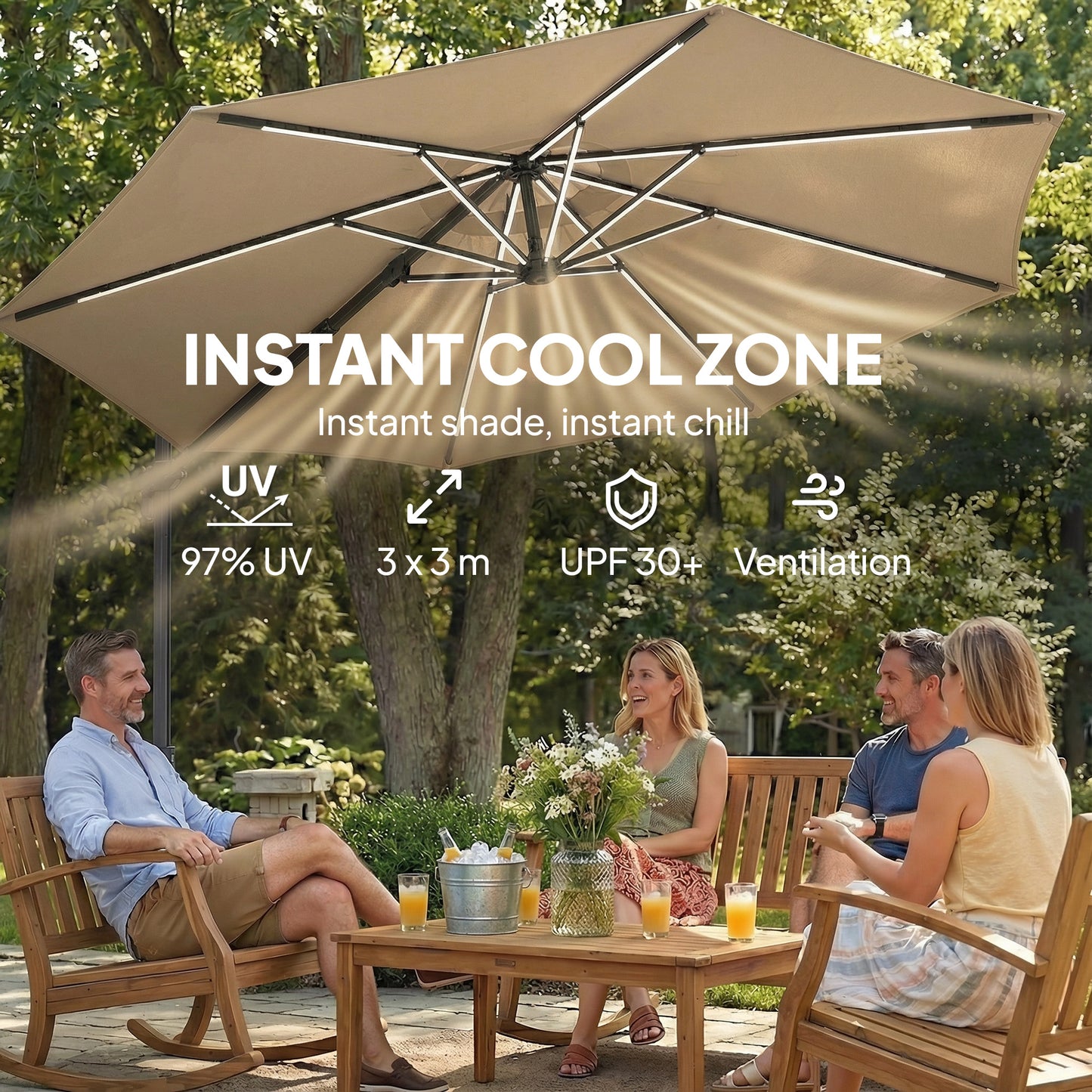 3 m Garden Cantilever Parasol with LED Solar Light, Round Overhanging Umbrella with 360° Rotation, Cover, Khaki