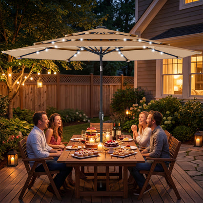 2.8 m Garden Parasol Umbrella with LED Solar Light, Parasol Cover, 3 Tier Outdoor Table Market Patio Umbrella, Khaki