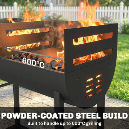 Charcoal Barbecue Grill with 2 Cooking Areas, Portable BBQ Trolley with Wheels, Height Adjustable Grates, Bottom Shelf