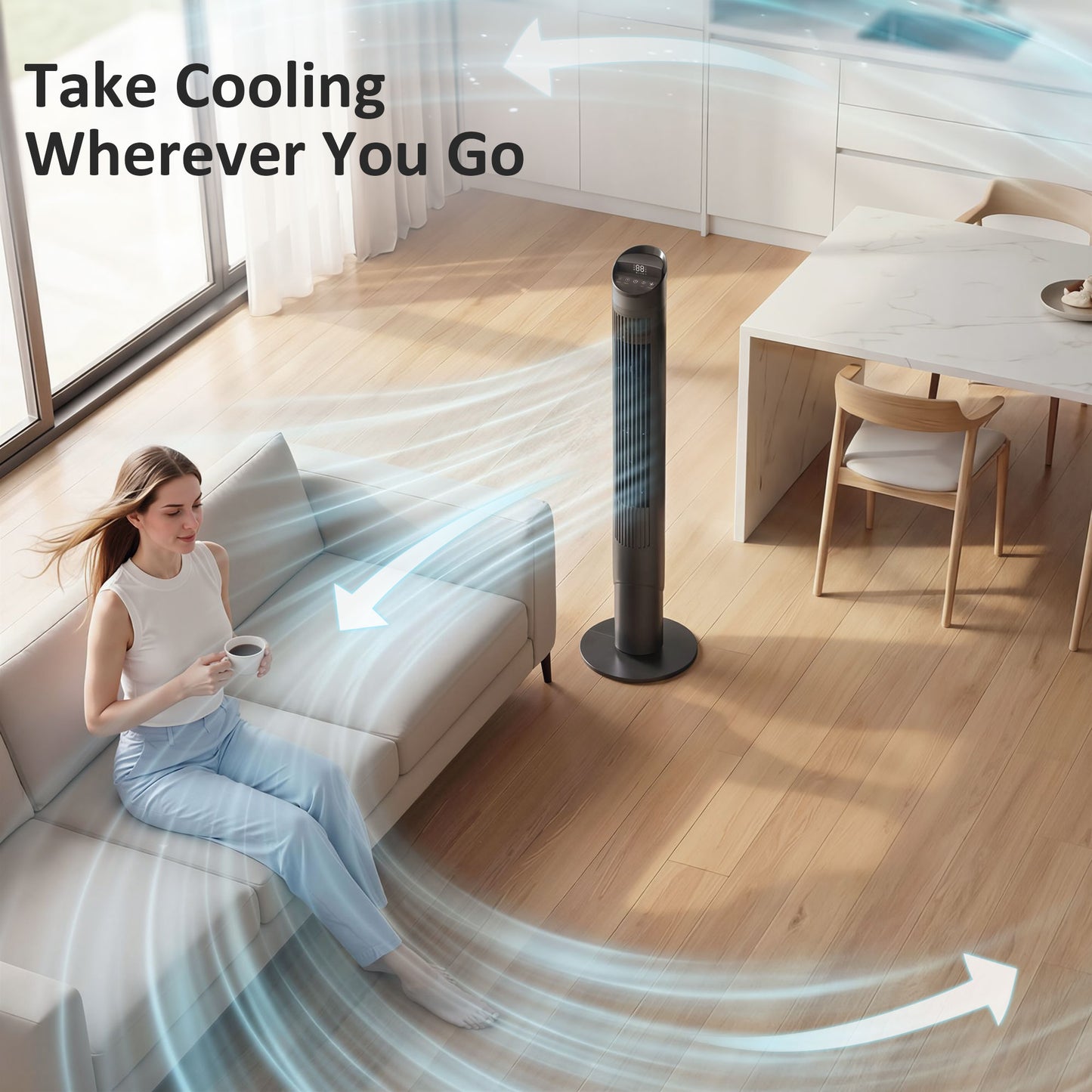 Tower Fan with WiFi App Control Standing Floor Cooling Fan Remote Control 101.8 cm Black