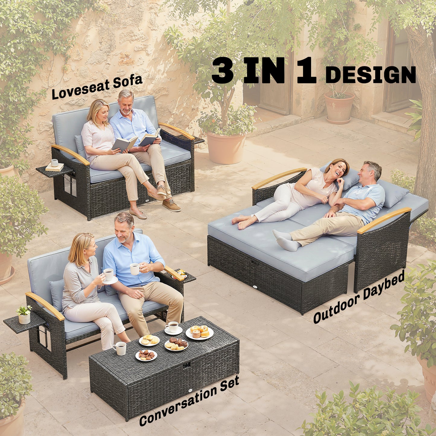 Double Garden Rattan Daybed, Wicker Sun Bed Chaise Lounger with Storage Ottoman, 4-Level Adjustable Backrest, Dark Grey