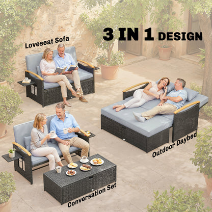 Double Garden Rattan Daybed, Wicker Sun Bed Chaise Lounger with Storage Ottoman, 4-Level Adjustable Backrest, Dark Grey