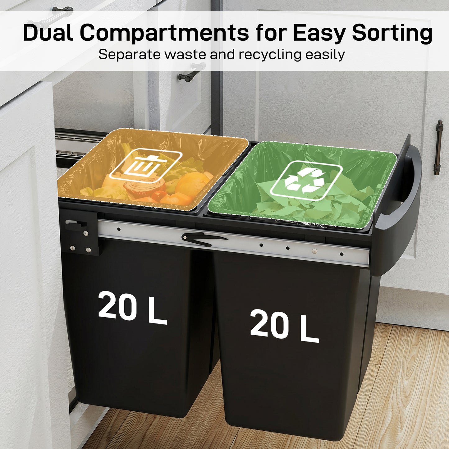Pull Out Bin, Kitchen Under Sink Bin with 2 Removable Compartments, Smooth Glide, Black
