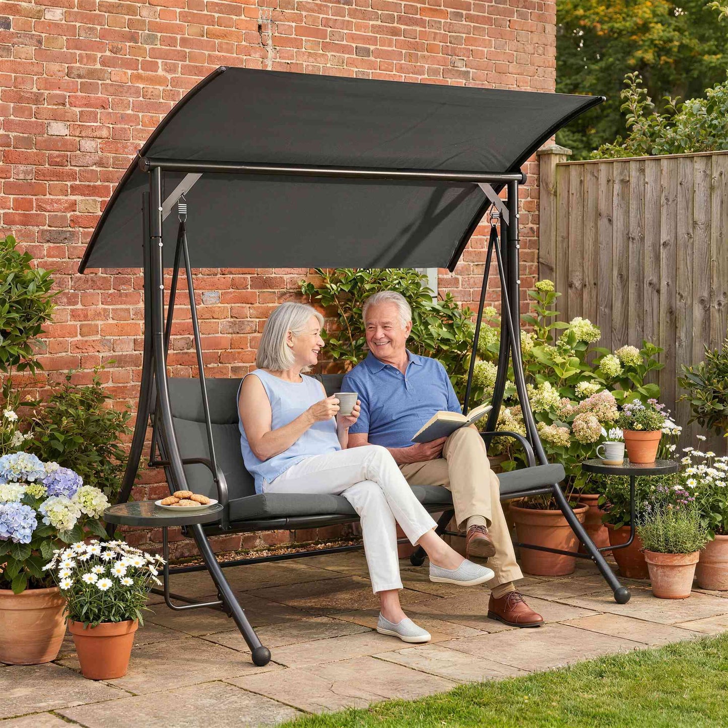 Three-Seater Garden Swing, with Adjustable Canopy - Black/Grey