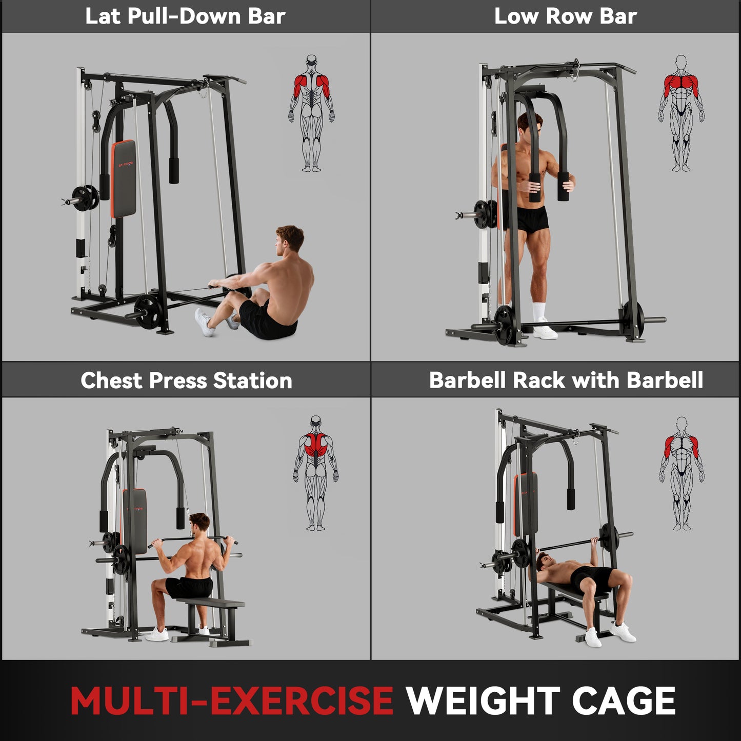 3-in-1 Gym Station with 17-level Squat Rack Dual Cable Pulley System Home Strength Training, Black
