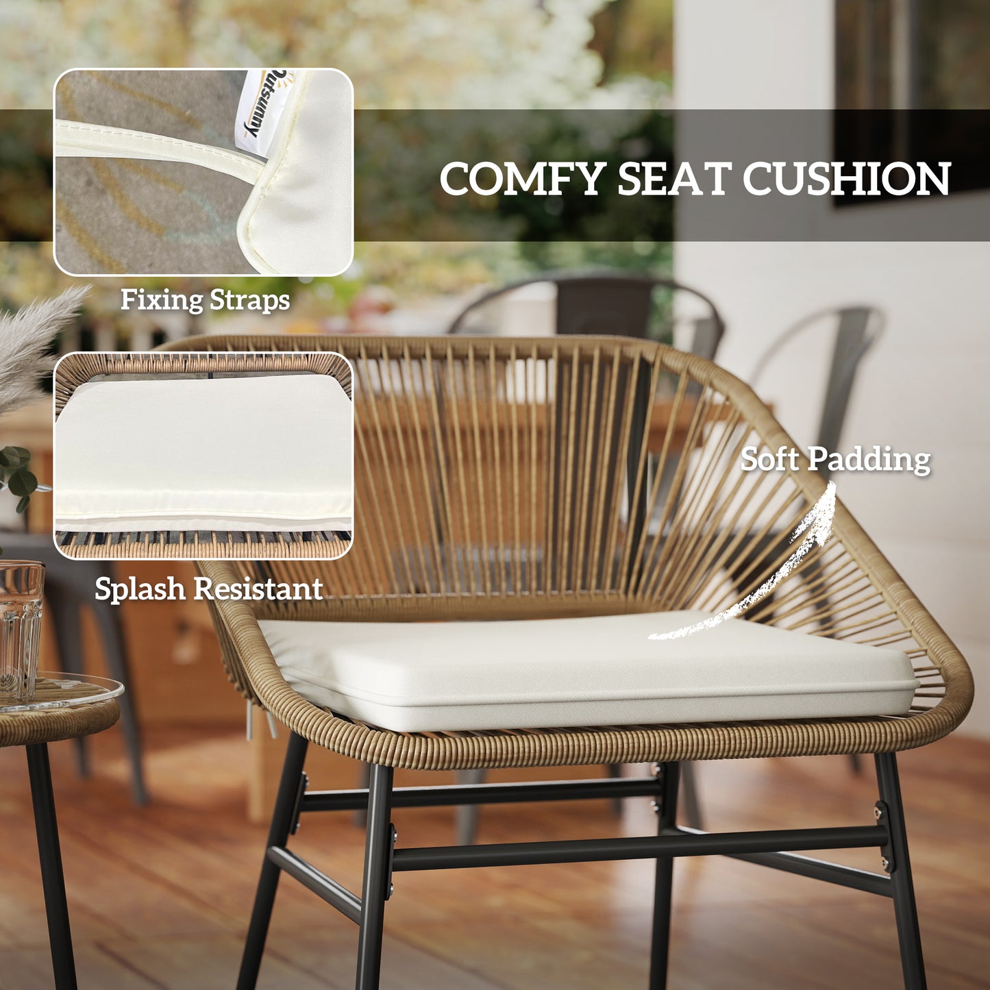 3 Pieces Rattan Bistro Set, Wicker Small Garden Table and Chairs Set with Cushions and Glass Top Coffee Table