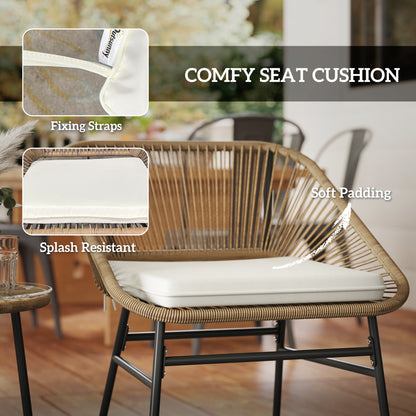 3 Pieces Rattan Bistro Set, Wicker Small Garden Table and Chairs Set with Cushions and Glass Top Coffee Table