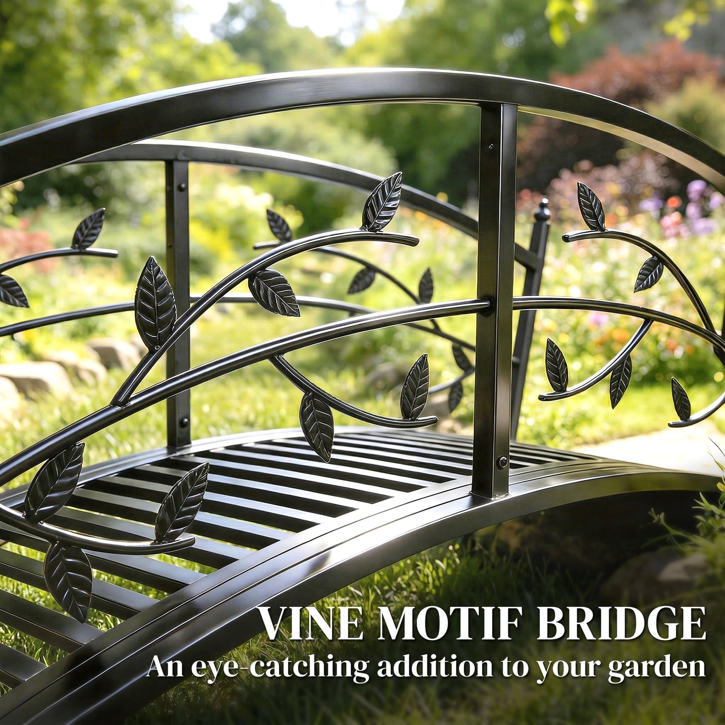 1.2M Metal Garden Bridge with Safety Railings, Outdoor Pond Bridge, Arch Decorative Footbridge for Creek Stream