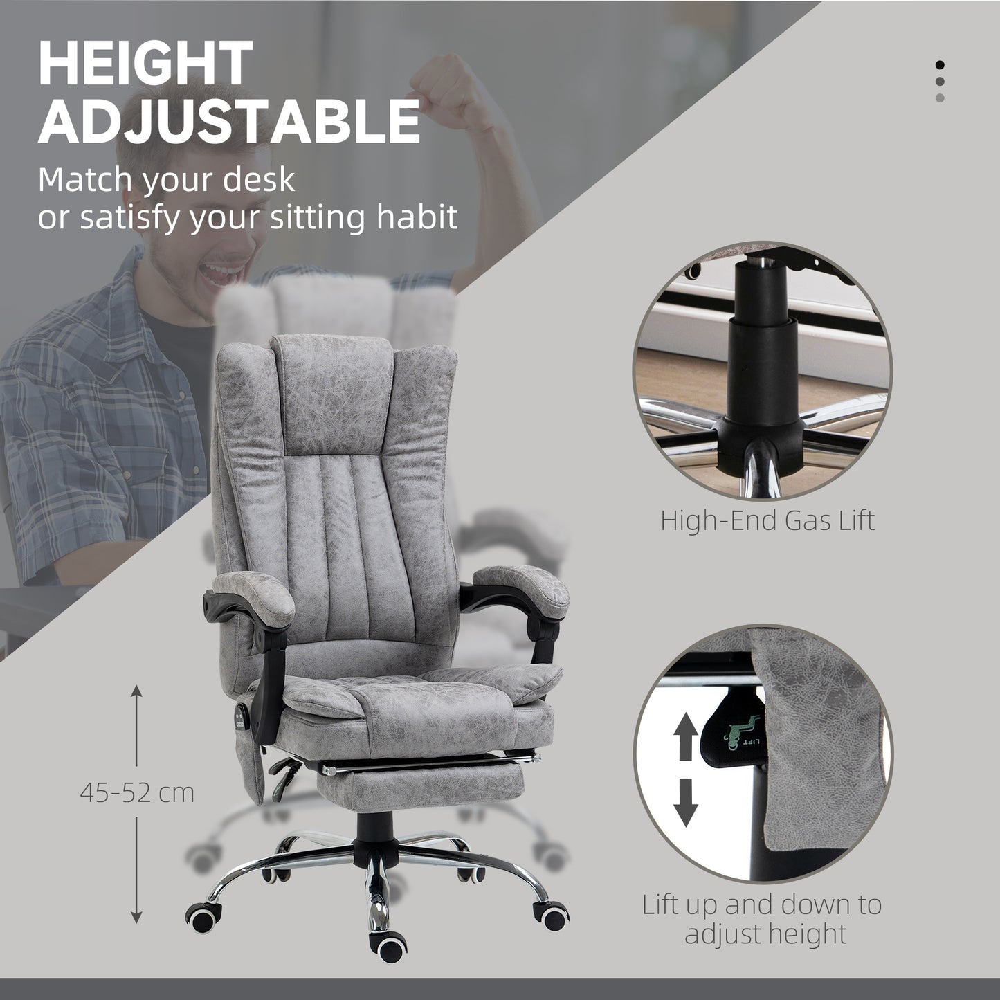 Office Chair with Massage and Heat, Microfibre Reclining Computer Desk Chair with Footrest and Adjustable Height
