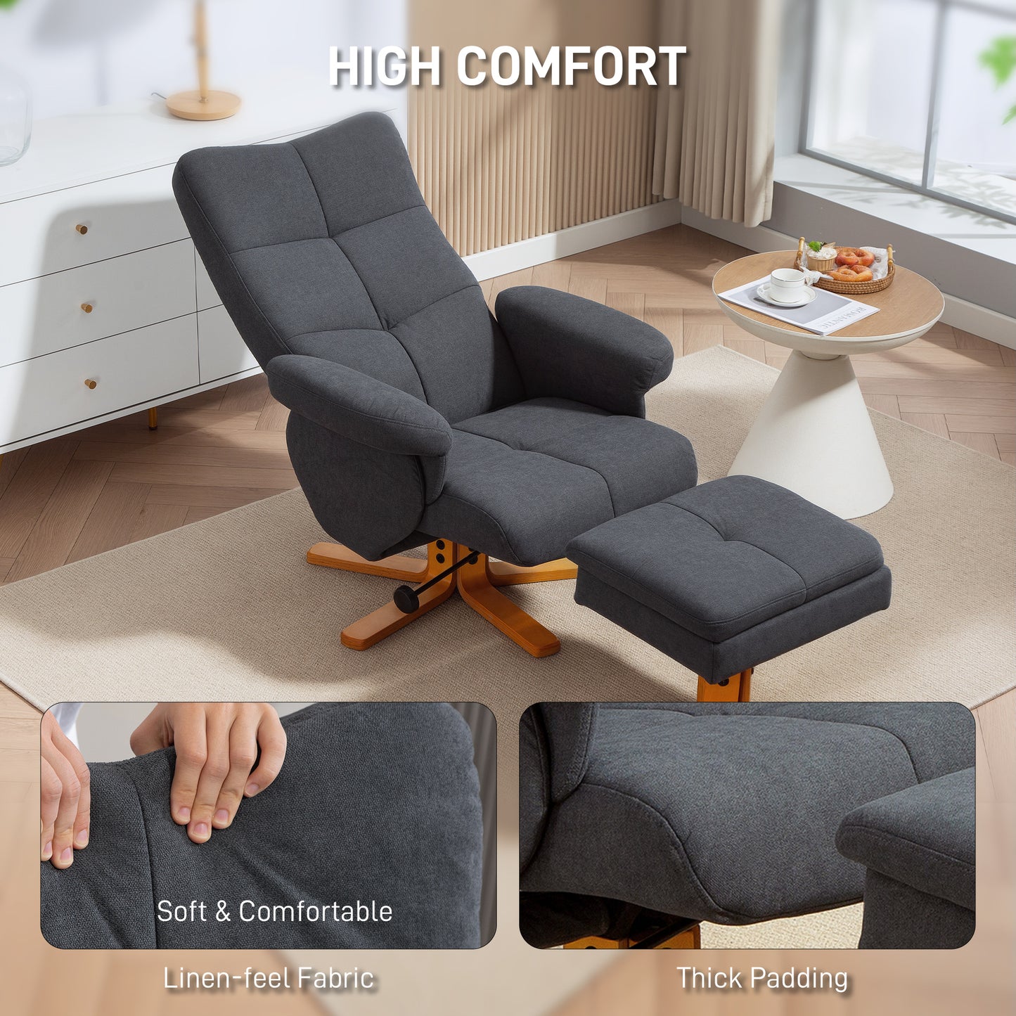 Linen-Look Recliner, with Storage Ottoman - Grey