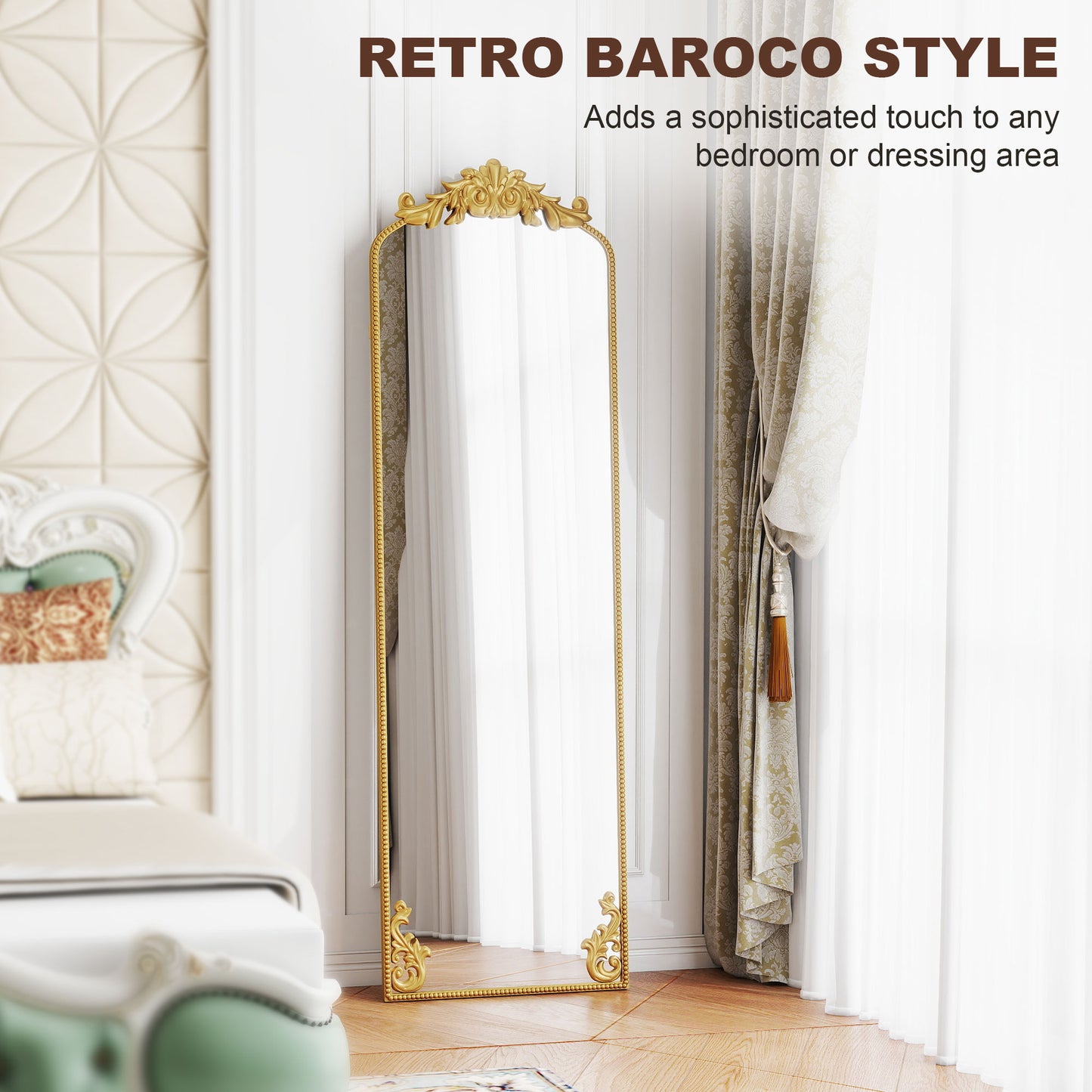 Full Length Mirror, 50 x 160 cm Floor Mirror with Baroque Metal Frame for Bedroom, Living Room, Dressing Room, Gold Tone