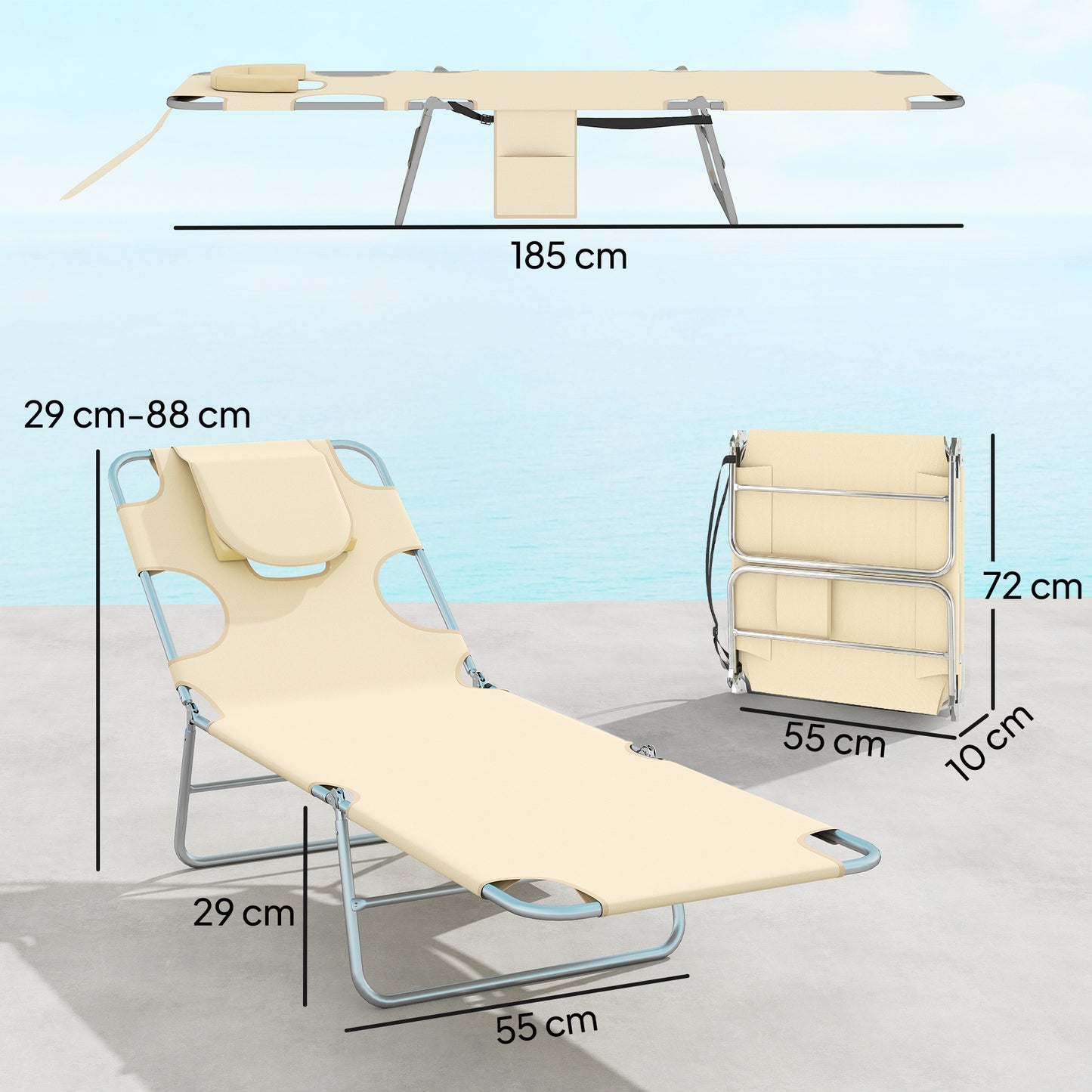 5-Position Adjustable Sun Loungers Set of 2 with Reading Hole and Side Pocket, Beige