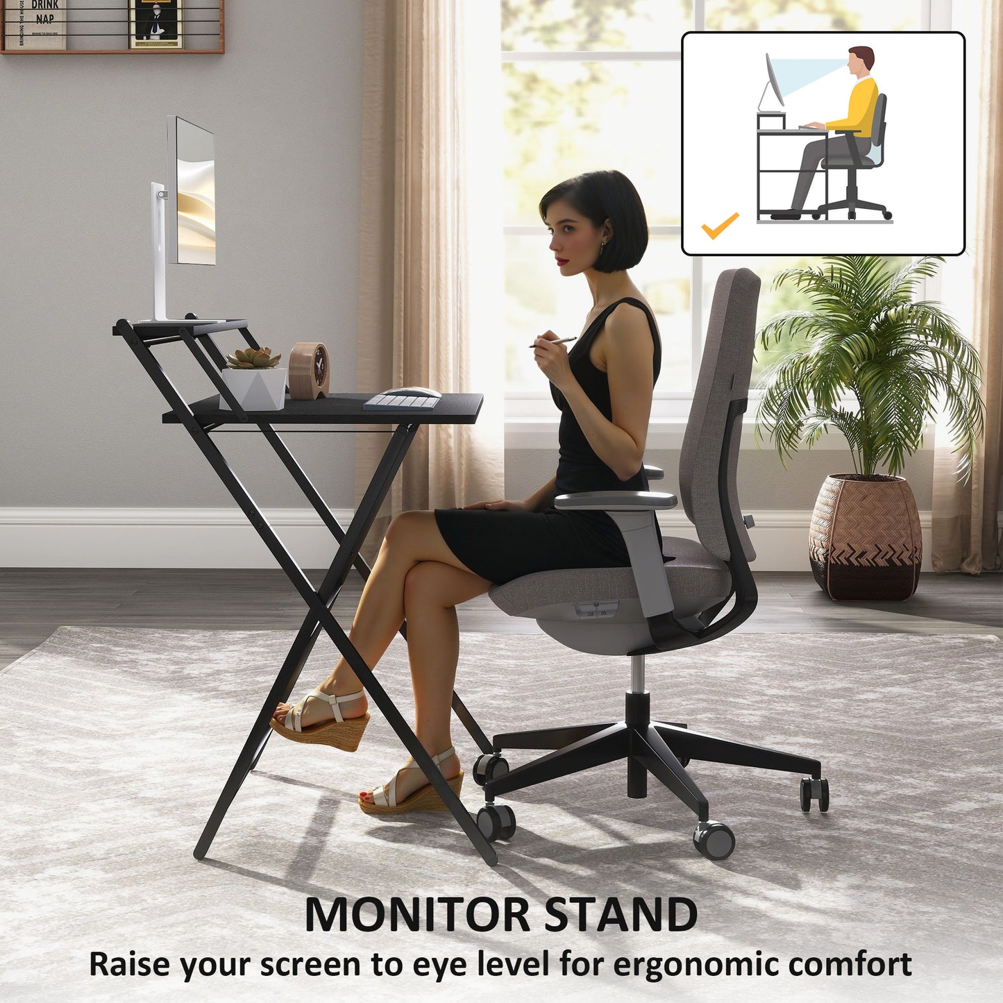 70 cm Folding Computer Desk with Monitor Shelf - Black